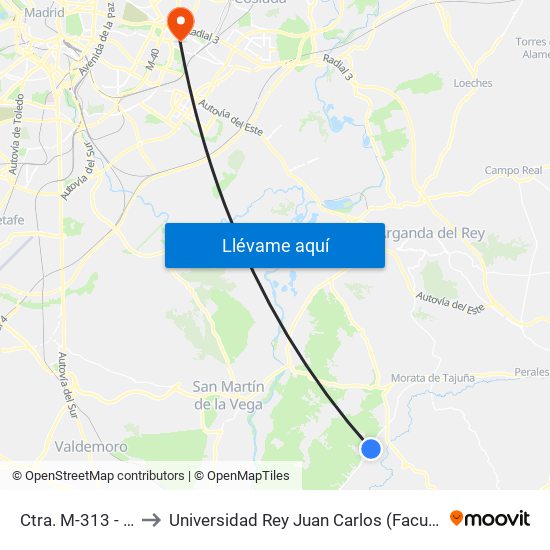 Ctra. M-313 - Urb. El Serranillo to Universidad Rey Juan Carlos (Facultad De Ciencias Jurídicas Y Sociales) map