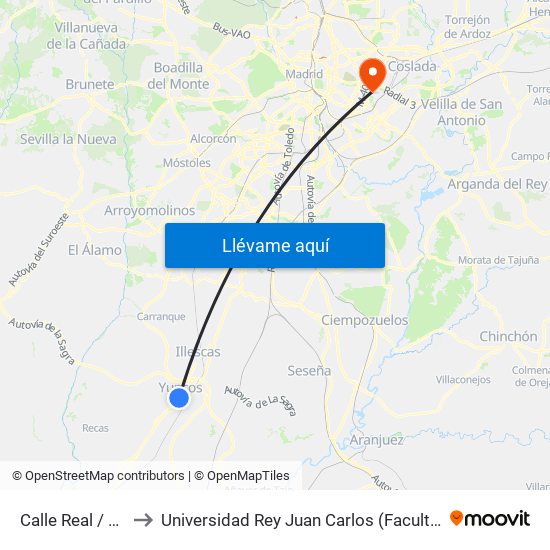 Calle Real / Parque, Yuncos to Universidad Rey Juan Carlos (Facultad De Ciencias Jurídicas Y Sociales) map
