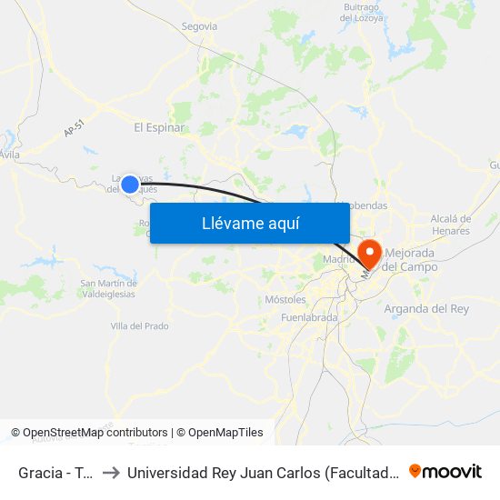 Gracia - Tres Cruces to Universidad Rey Juan Carlos (Facultad De Ciencias Jurídicas Y Sociales) map