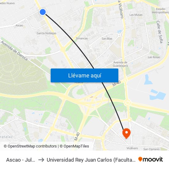 Ascao - Julian Camarillo to Universidad Rey Juan Carlos (Facultad De Ciencias Jurídicas Y Sociales) map