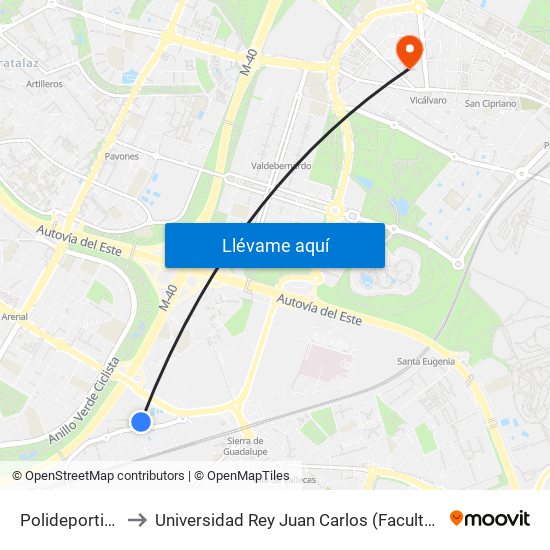 Polideportivo Palomeras to Universidad Rey Juan Carlos (Facultad De Ciencias Jurídicas Y Sociales) map