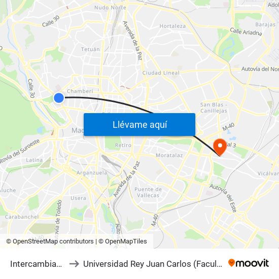 Intercambiador De Moncloa to Universidad Rey Juan Carlos (Facultad De Ciencias Jurídicas Y Sociales) map