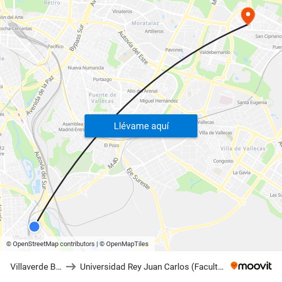 Villaverde Bajo Cercanías to Universidad Rey Juan Carlos (Facultad De Ciencias Jurídicas Y Sociales) map