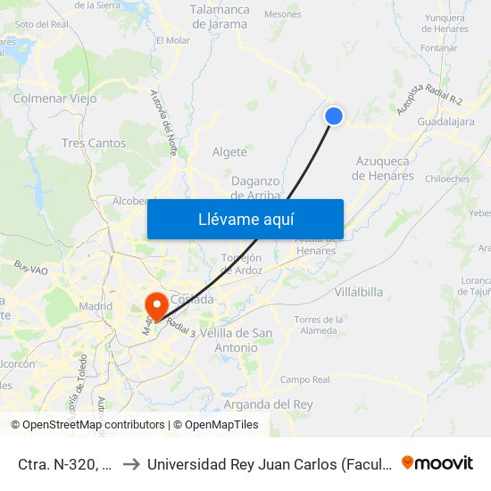 Ctra. N-320, Torrejón Del Rey to Universidad Rey Juan Carlos (Facultad De Ciencias Jurídicas Y Sociales) map