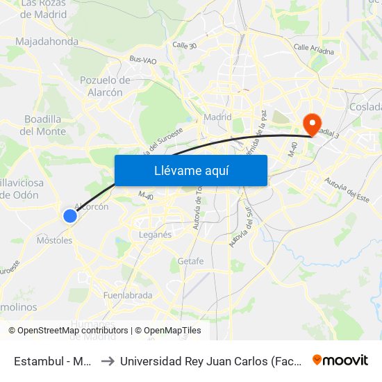 Estambul - Metro Parque Oeste to Universidad Rey Juan Carlos (Facultad De Ciencias Jurídicas Y Sociales) map