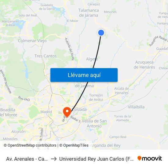 Av. Arenales - Camino Del Pozo, El Casar to Universidad Rey Juan Carlos (Facultad De Ciencias Jurídicas Y Sociales) map