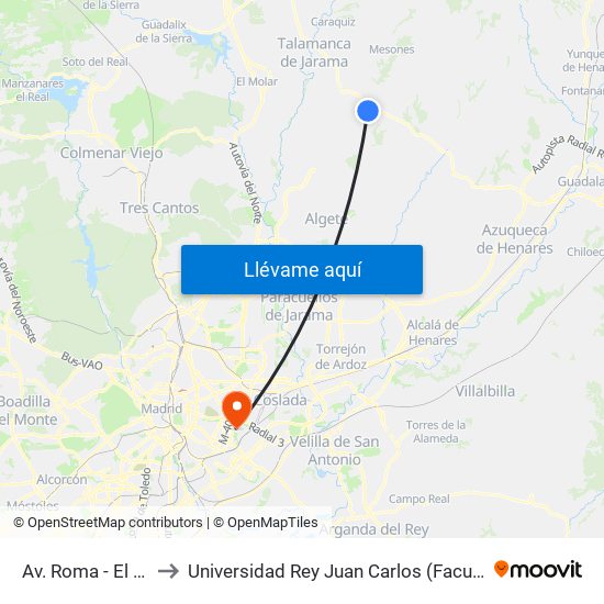 Av. Roma - El Escorial, El Casar to Universidad Rey Juan Carlos (Facultad De Ciencias Jurídicas Y Sociales) map