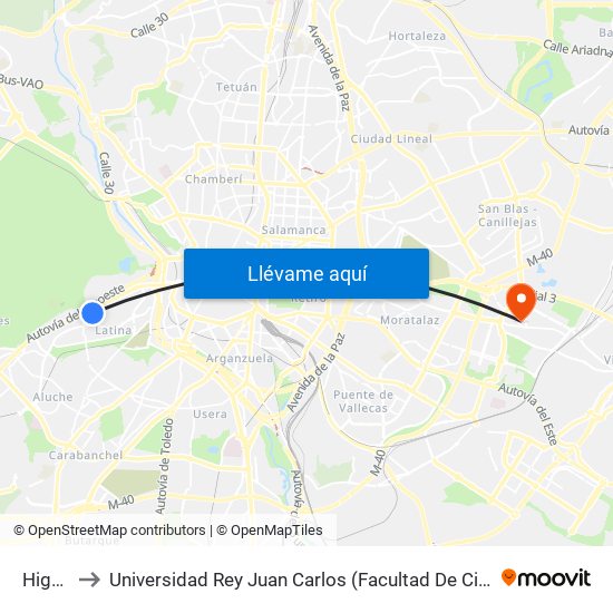 Higueras to Universidad Rey Juan Carlos (Facultad De Ciencias Jurídicas Y Sociales) map