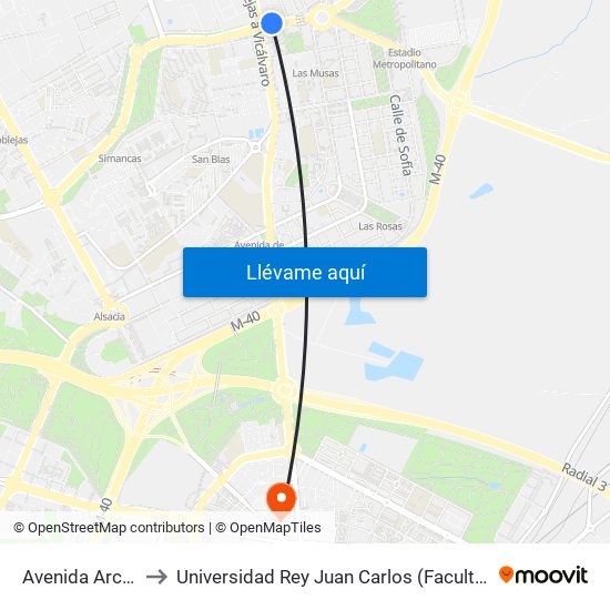 Avenida Arcentales - Iliada to Universidad Rey Juan Carlos (Facultad De Ciencias Jurídicas Y Sociales) map