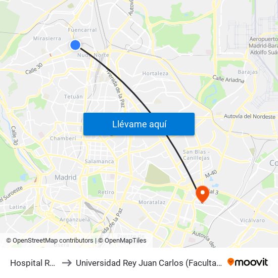 Hospital Ramón Y Cajal to Universidad Rey Juan Carlos (Facultad De Ciencias Jurídicas Y Sociales) map