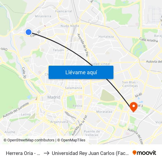 Herrera Oria - Camino Fuencarral to Universidad Rey Juan Carlos (Facultad De Ciencias Jurídicas Y Sociales) map