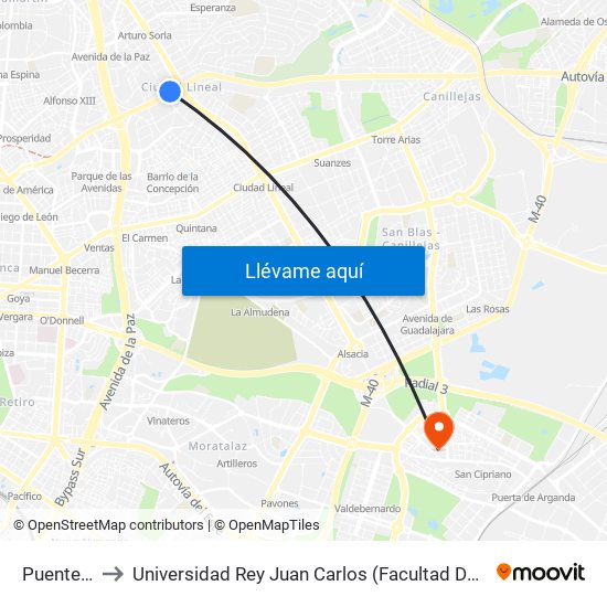 Puente De Cea to Universidad Rey Juan Carlos (Facultad De Ciencias Jurídicas Y Sociales) map