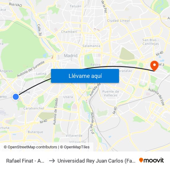 Rafael Finat - Avenida De Las Águilas to Universidad Rey Juan Carlos (Facultad De Ciencias Jurídicas Y Sociales) map