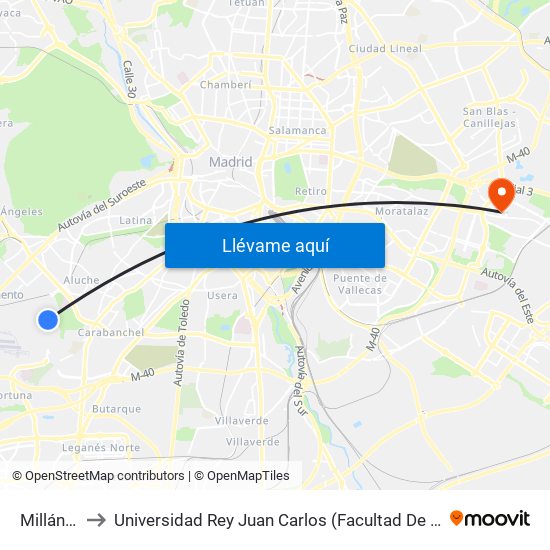 Millán Astray to Universidad Rey Juan Carlos (Facultad De Ciencias Jurídicas Y Sociales) map