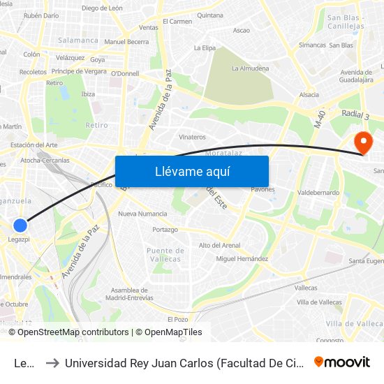 Legazpi to Universidad Rey Juan Carlos (Facultad De Ciencias Jurídicas Y Sociales) map