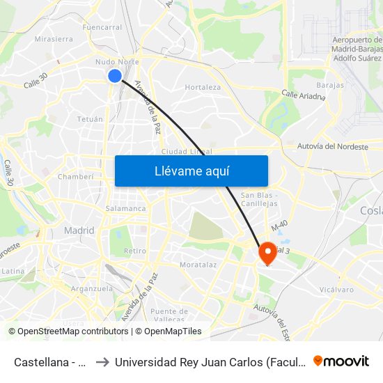 Castellana - Manuel Caldeiro to Universidad Rey Juan Carlos (Facultad De Ciencias Jurídicas Y Sociales) map