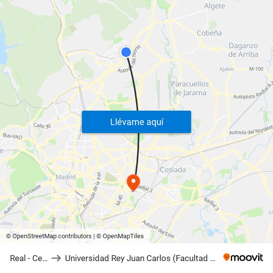 Real - Cementerio to Universidad Rey Juan Carlos (Facultad De Ciencias Jurídicas Y Sociales) map