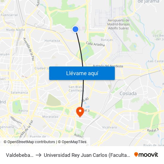 Valdebebas Cercanías to Universidad Rey Juan Carlos (Facultad De Ciencias Jurídicas Y Sociales) map
