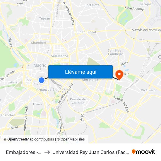 Embajadores - Ronda De Valencia to Universidad Rey Juan Carlos (Facultad De Ciencias Jurídicas Y Sociales) map