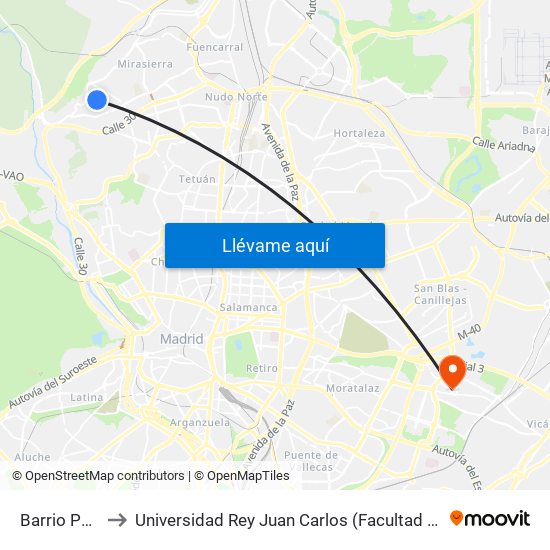 Barrio Peñagrande to Universidad Rey Juan Carlos (Facultad De Ciencias Jurídicas Y Sociales) map