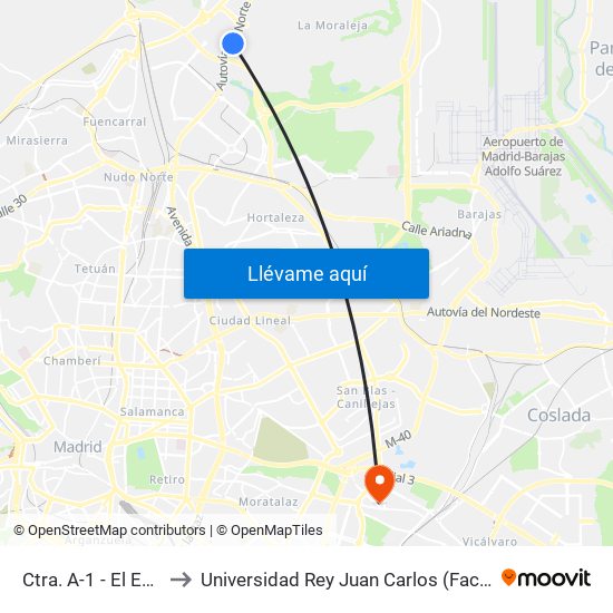 Ctra. A-1 - El Encinar De Los Reyes to Universidad Rey Juan Carlos (Facultad De Ciencias Jurídicas Y Sociales) map