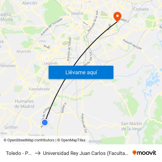 Toledo - Punto Limpio to Universidad Rey Juan Carlos (Facultad De Ciencias Jurídicas Y Sociales) map