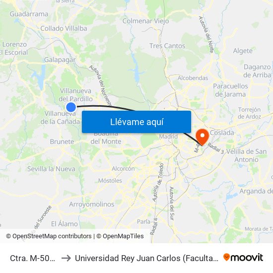 Ctra. M-509 - Los Pinos to Universidad Rey Juan Carlos (Facultad De Ciencias Jurídicas Y Sociales) map