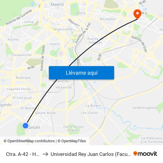 Ctra. A-42 - Hospital De Getafe to Universidad Rey Juan Carlos (Facultad De Ciencias Jurídicas Y Sociales) map