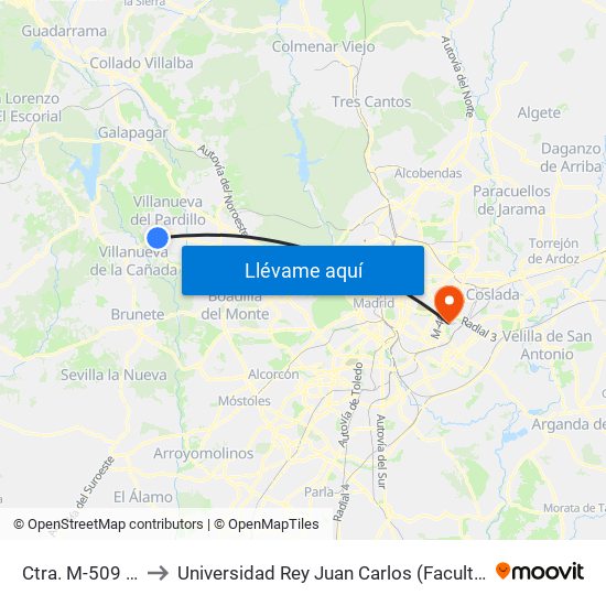 Ctra. M-509 - Av. Los Pinos to Universidad Rey Juan Carlos (Facultad De Ciencias Jurídicas Y Sociales) map
