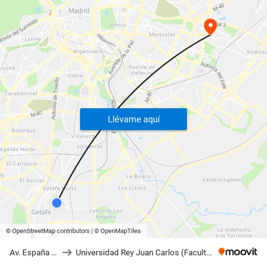 Av. España - Av. Ciudades to Universidad Rey Juan Carlos (Facultad De Ciencias Jurídicas Y Sociales) map