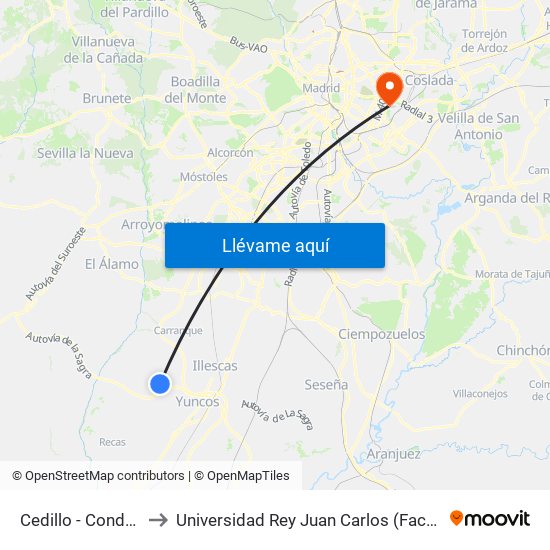 Cedillo - Conde De Cedillo Nº20 to Universidad Rey Juan Carlos (Facultad De Ciencias Jurídicas Y Sociales) map