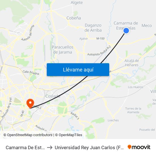 Camarma De Esteruelas - Ayuntamiento to Universidad Rey Juan Carlos (Facultad De Ciencias Jurídicas Y Sociales) map