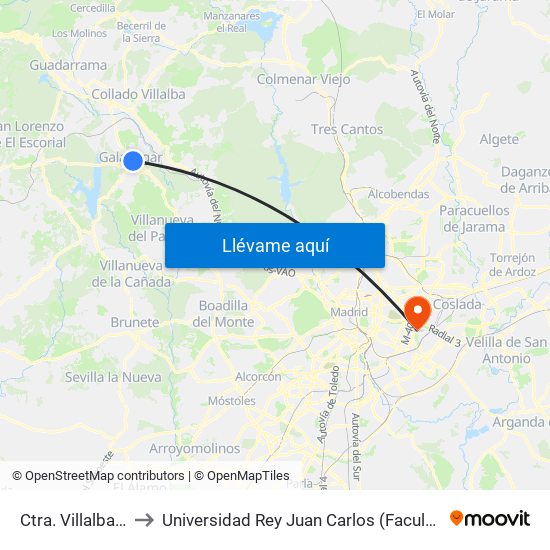 Ctra. Villalba - San Gregorio to Universidad Rey Juan Carlos (Facultad De Ciencias Jurídicas Y Sociales) map