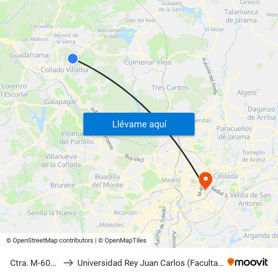 Ctra. M-608 - Redondillo to Universidad Rey Juan Carlos (Facultad De Ciencias Jurídicas Y Sociales) map