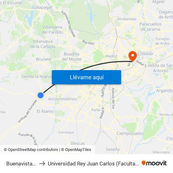 Buenavista - Canto Pelín to Universidad Rey Juan Carlos (Facultad De Ciencias Jurídicas Y Sociales) map