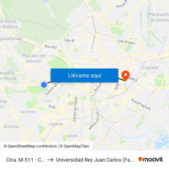 Ctra. M-511 - Ciudad De La Imagen to Universidad Rey Juan Carlos (Facultad De Ciencias Jurídicas Y Sociales) map