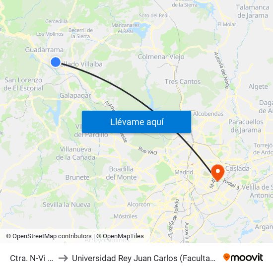 Ctra. N-Vi - El Tomillar to Universidad Rey Juan Carlos (Facultad De Ciencias Jurídicas Y Sociales) map