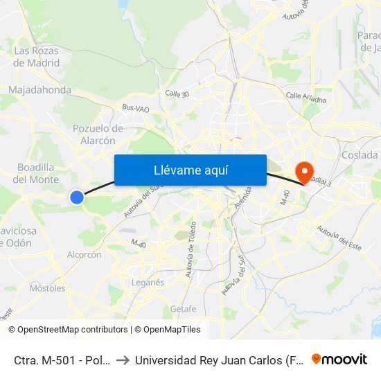 Ctra. M-501 - Pol. Ind. Ventorro Del Cano to Universidad Rey Juan Carlos (Facultad De Ciencias Jurídicas Y Sociales) map