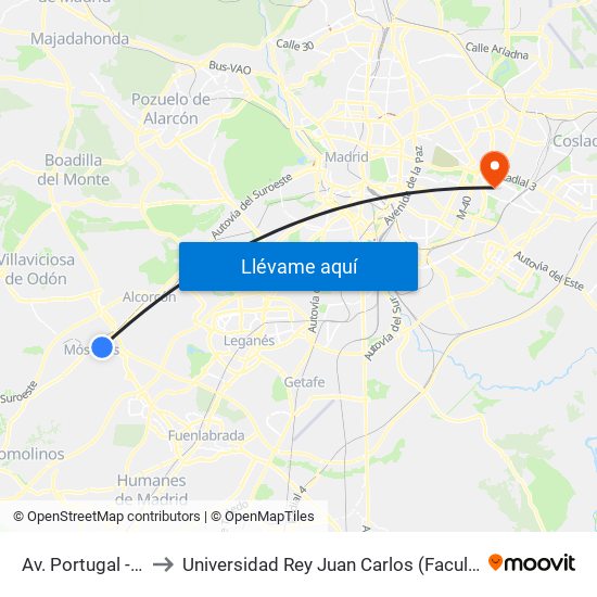 Av. Portugal - Av. Cerro Prieto to Universidad Rey Juan Carlos (Facultad De Ciencias Jurídicas Y Sociales) map