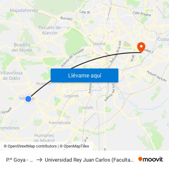 P.º Goya - Av. Portugal to Universidad Rey Juan Carlos (Facultad De Ciencias Jurídicas Y Sociales) map