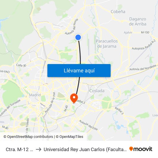 Ctra. M-12 - La Moraleja to Universidad Rey Juan Carlos (Facultad De Ciencias Jurídicas Y Sociales) map