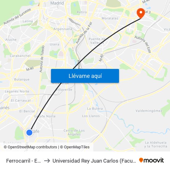 Ferrocarril - Est. Getafe Centro to Universidad Rey Juan Carlos (Facultad De Ciencias Jurídicas Y Sociales) map