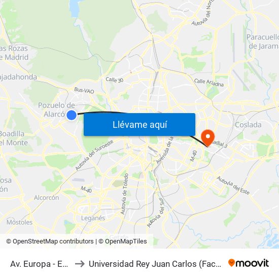 Av. Europa - Est. Avenida Europa to Universidad Rey Juan Carlos (Facultad De Ciencias Jurídicas Y Sociales) map