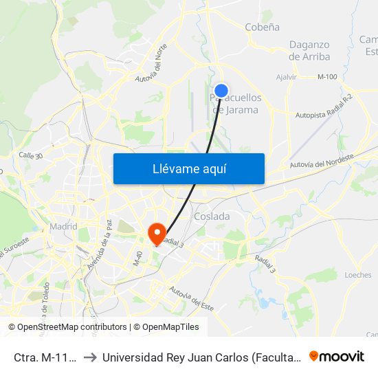 Ctra. M-111 - La Granja to Universidad Rey Juan Carlos (Facultad De Ciencias Jurídicas Y Sociales) map