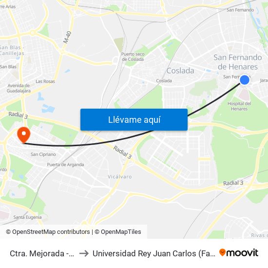Ctra. Mejorada - Enrique Tierno Galván to Universidad Rey Juan Carlos (Facultad De Ciencias Jurídicas Y Sociales) map
