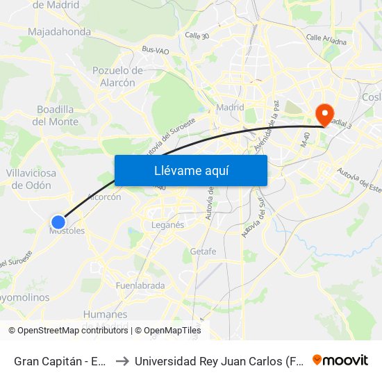 Gran Capitán - Est. Univ. Rey Juan Carlos to Universidad Rey Juan Carlos (Facultad De Ciencias Jurídicas Y Sociales) map