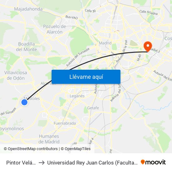 Pintor Velázquez - Larra to Universidad Rey Juan Carlos (Facultad De Ciencias Jurídicas Y Sociales) map