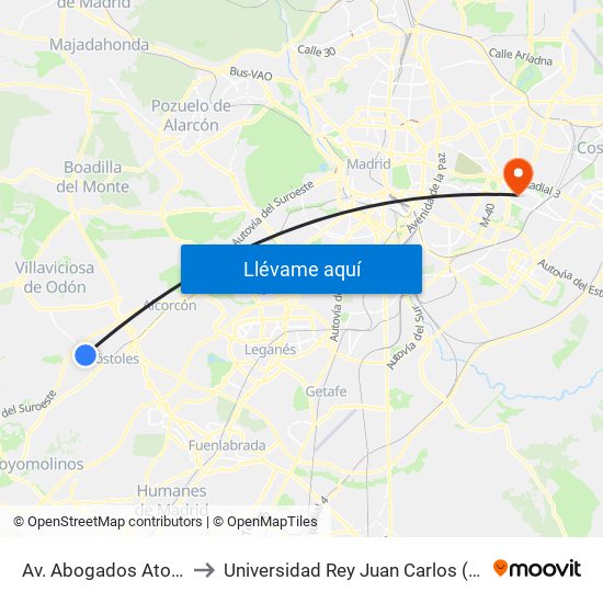 Av. Abogados Atocha - Est. Móstoles El Soto to Universidad Rey Juan Carlos (Facultad De Ciencias Jurídicas Y Sociales) map