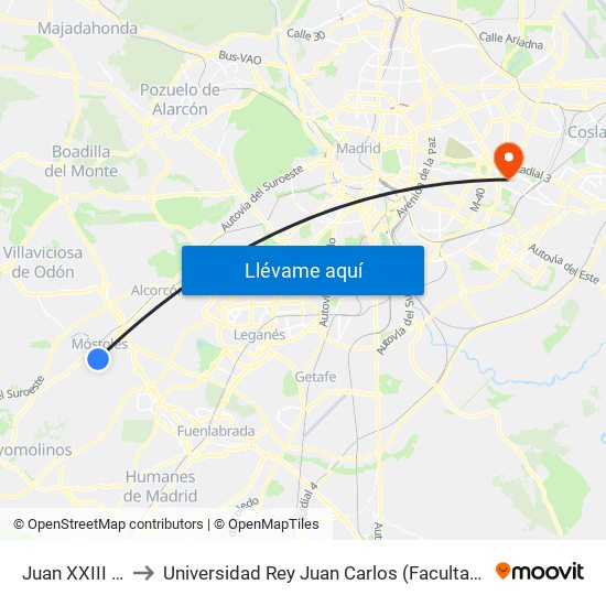 Juan XXIII - Residencia to Universidad Rey Juan Carlos (Facultad De Ciencias Jurídicas Y Sociales) map