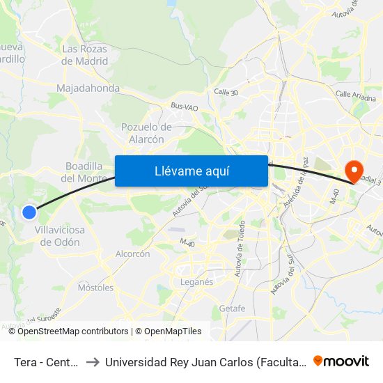 Tera - Centro Comercial to Universidad Rey Juan Carlos (Facultad De Ciencias Jurídicas Y Sociales) map